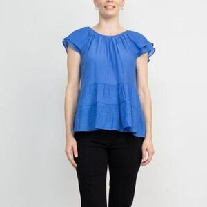 Counterparts Ruched Scoop Neck Cap Sleeve Ruffled Top Hydrangea Blue Size Medium
